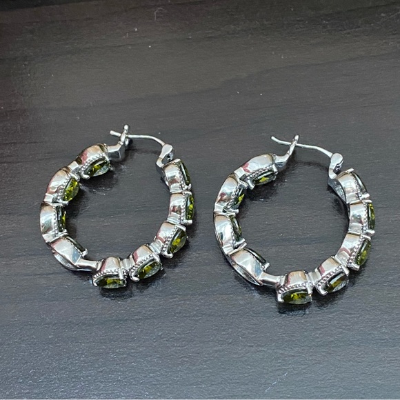 Stainless Steel Simulated Diamond Avocado Green Peridot Inside Out Hoop Earrings - Picture 10 of 15